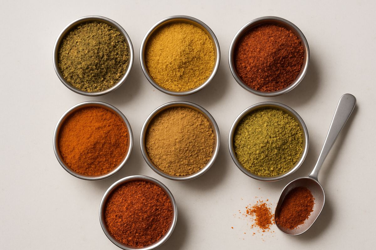 Styled bowl of a custom spice blend, mixed downstairs